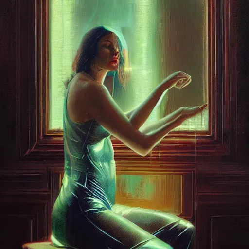 Image similar to detailed face of a woman clothed wrapped in textiles, lush, opulent, fauna, utopian, tech noir, wet reflections, prism, atmospheric, ambient, pj crook, syd mead, livia prima, artgerm, greg rutkowski, nick alm, casey baugh