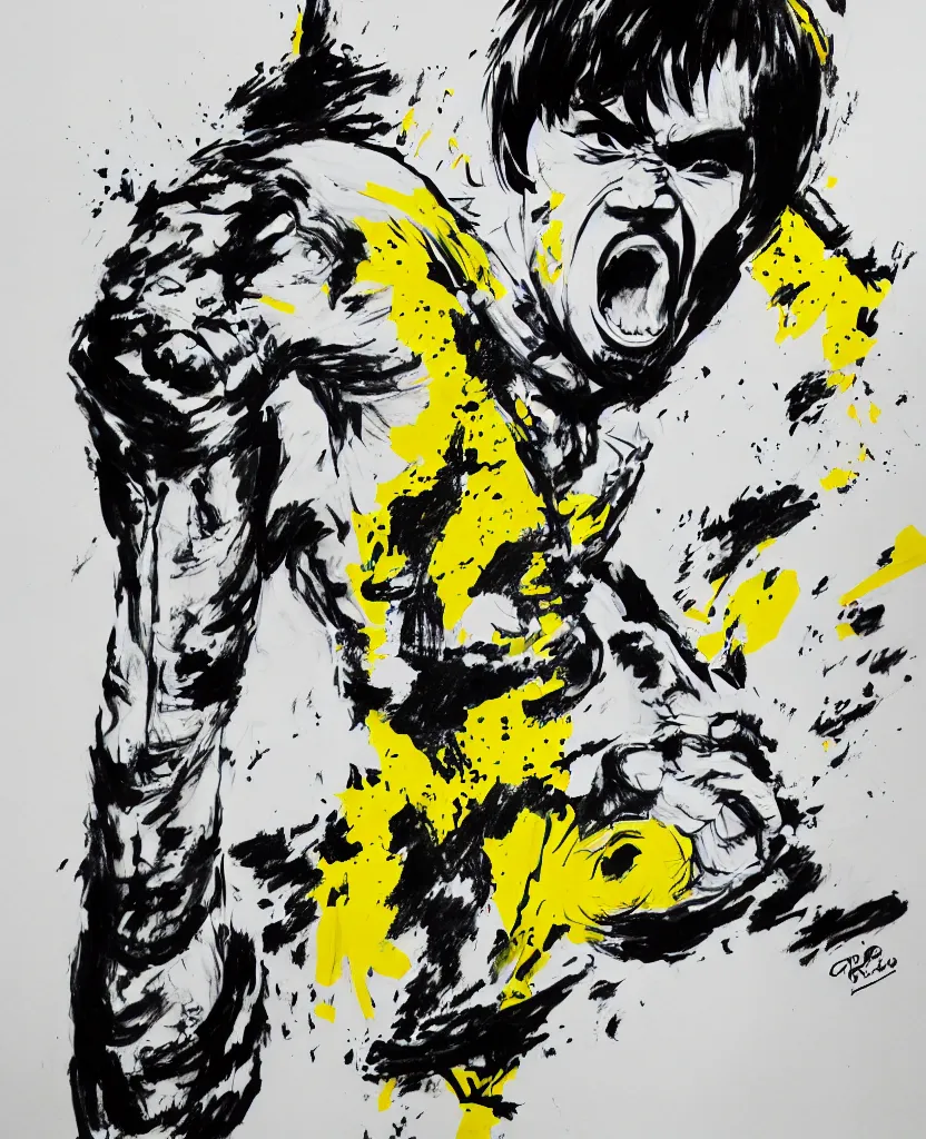 Image similar to a portrait of bruce lee screaming drawn with black and yellow permanent marker