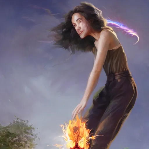 Prompt: smiling hapa sorceress in trousers with short hair (shoulder length hair) wearing trousers casting a fireball and chasing will-o-wisps in a garden, orthodox saint, by Greg Rutkowski, breathtaking digital 2d cover art