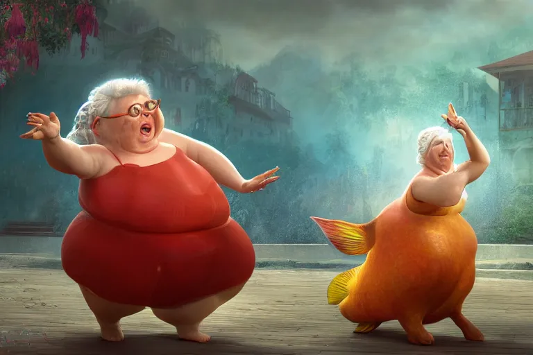 Prompt: of a very beautiful scene. ambient occlusion render. a sweet fat old woman is dancing with a huge colorful fish. hyper realistic. 4 k. wide angle. romantic mood. symmetrical face, red mouth, blue eyes. deep focus, lovely scene. ambient occlusion render. concept art. artstation. unreal engine.