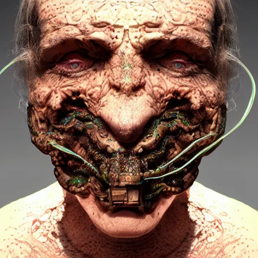 Image similar to hr giger and beeple and artgerm 3 d render of a man with slime mold growing all over his face