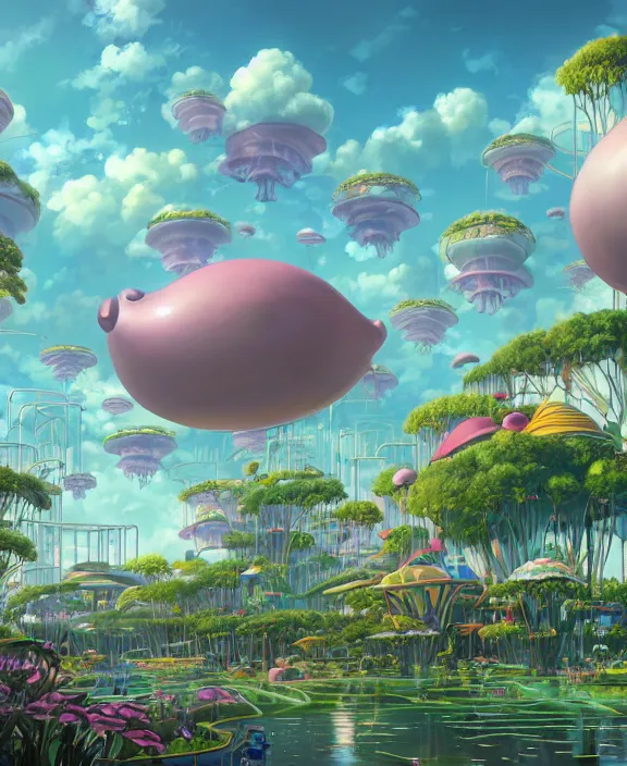 Image similar to simplicity, an elegant amusement park made out of seamless fat asymmetrical organic creatures, in the style of an aerodynamic blobby spaceship, overgrown with orchids, partly cloudy, sun - drenched, dramatic lighting, by dan mumford, yusuke murata, makoto shinkai, ross tran, cinematic, unreal engine, cel shaded, featured on artstation, pixiv