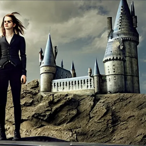 Image similar to Photo of Emma Watson on top of a tank in Hogwarts, establishing shot