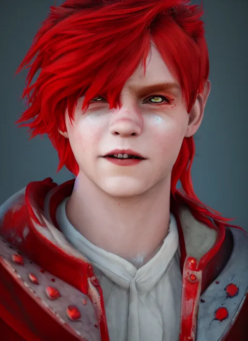 Image similar to An epic fantasy comic book style portrait painting of a young fairy boy with red wings, pointy red hair, white glowing eyes, smiling, red long hair red coat. Unreal 5, DAZ, hyperrealistic, octane render, cosplay, RPG portrait, dynamic lighting