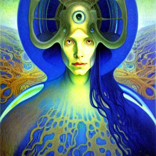 Image similar to realistic extremely detailed portrait painting of a blurry bizarre ghost, futuristic sci-fi landscape on background by Jean Delville, Amano, Yves Tanguy, Alphonse Mucha, Ernst Haeckel, Edward Robert Hughes, Roger Dean, rich moody colours, blue eyes