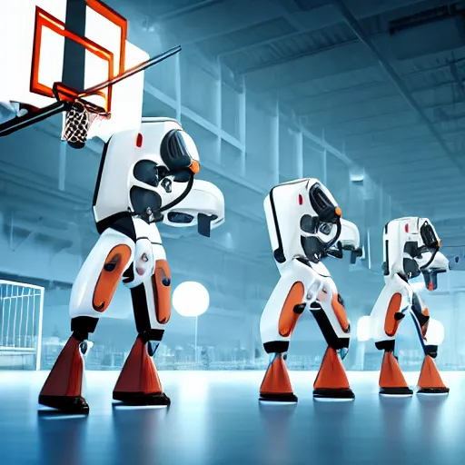 Prompt: three large white glossy kuka industrial robot arms playing basketball in a gym, global illumination, artstation, fantasy