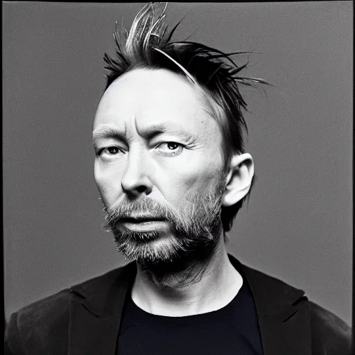 Image similar to Thom Yorke, Thom Yorke, with a beard and a black jacket, a portrait by John E. Berninger, dribble, neo-expressionism, uhd image, studio portrait, 1990s