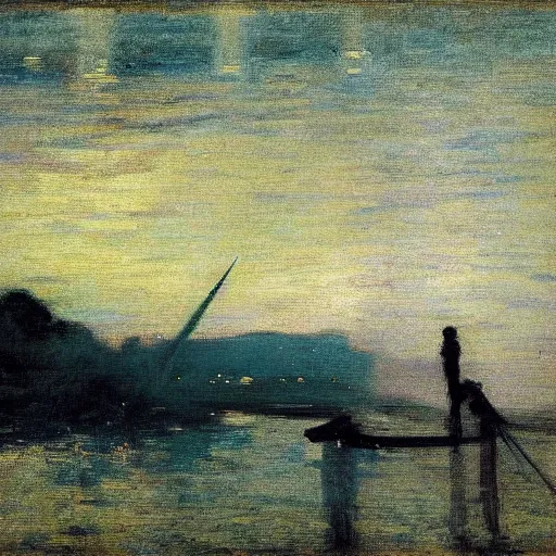 Prompt: fireworks over river by james macneill whistler