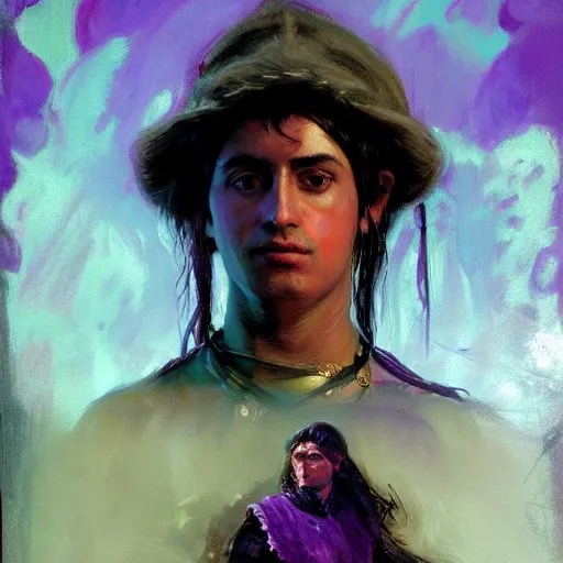 Image similar to an oil art portrait of young roma mage with purple neon magic in style of disco elysium character, paladin character design from d & d, art by anders zorn, wonderful masterpiece by greg rutkowski, beautiful cinematic light, american romanticism by greg manchess, jessica rossier