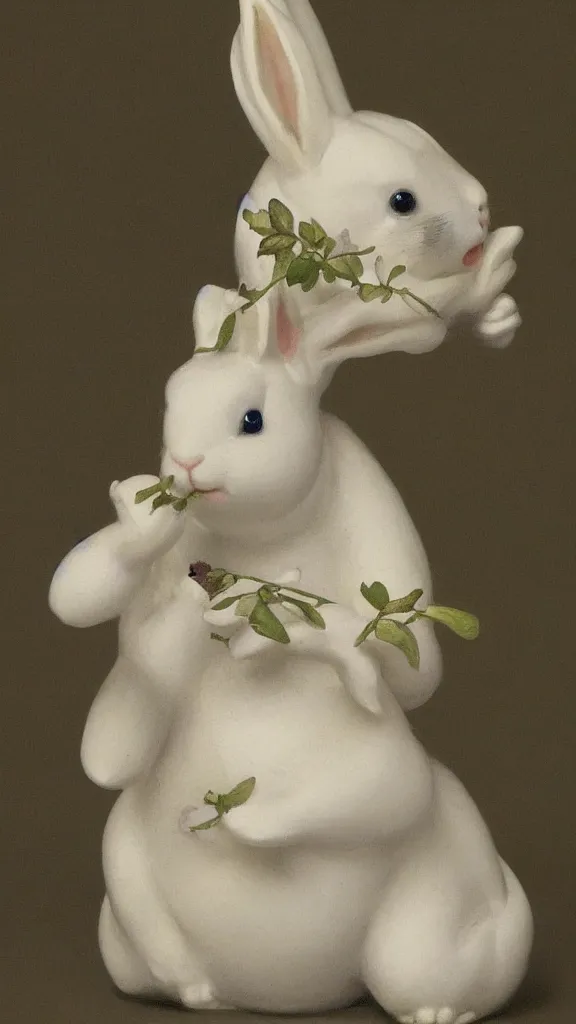 Image similar to in botanicals room a porcelain rabbit statue having a japanese kiseru in hand painted by john singer sargent