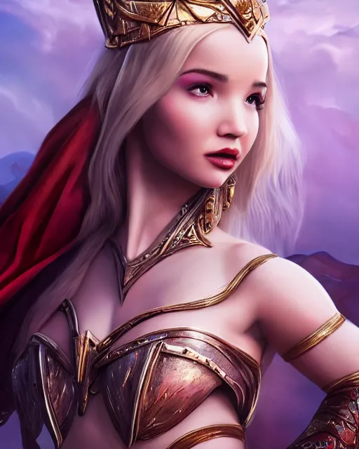 Image similar to an epic dramatic portrait of dove cameron as dejah thoris the princess of mars, very low angle, detailed face, epic art, trending on artstation, deviantart, high detail, high definiton, ultra realistic, hyper realistic, photo realistic, 4 k uhd