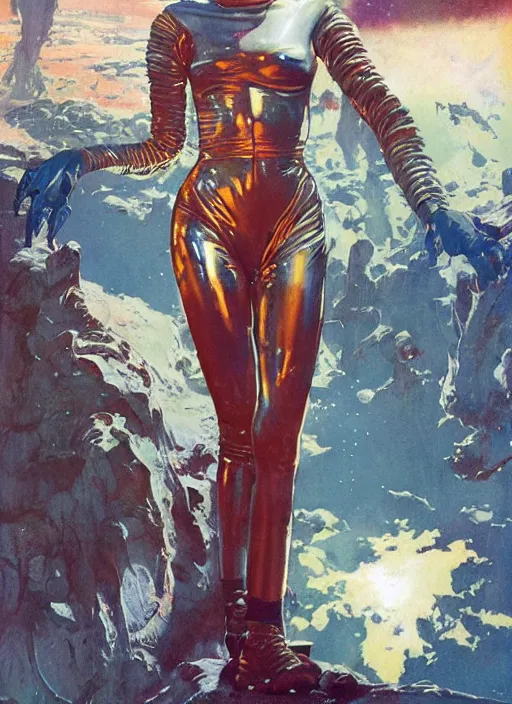 Prompt: tall elegant venusian woman wearing a latex spacesuit on alien world, by norman rockwell, jack kirby, jon berkey, earle bergey, craig mullins, ruan jia, jeremy mann, tom lovell, astounding stories, pulp illustration, scifi, amazing stories, other worlds