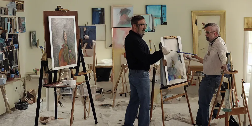 Prompt: stuart, the one eyed minion, stands at his easel, painting a portrait of a steve carell