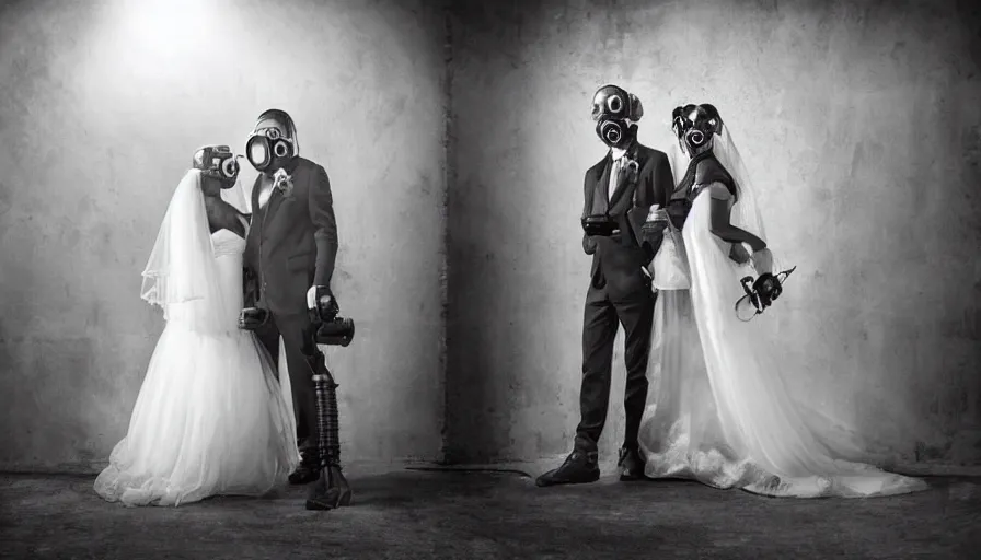 Image similar to disturbing big budget hollywood movie bride and groom wearing gas masks at the marriage of reason and squalor perfect composition dramatic lighting chiaroscuro