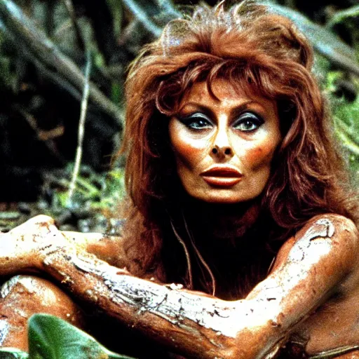 Prompt: cinematic still of sophia loren, covered in mud and watching a predator in a swamp in 1 9 8 7 movie predator, hd, 4 k