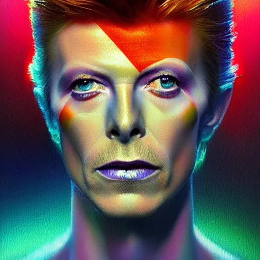 Prompt: beautiful portrait of David Bowie by Renato Muccillo, colorful and vivid lights, highly detailed, digital painting, artstation, concept art, smooth, sharp focus