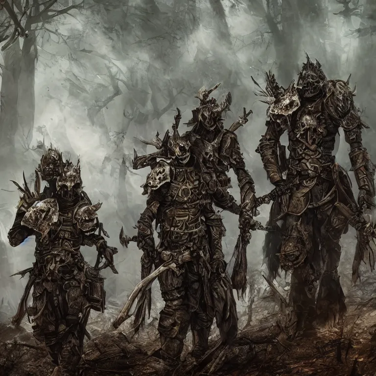 Image similar to undead armoured soldiers in burned forest full of smoke and ashes, fantasy style, highly detailed, smooth, sharp focus, portrait, concept art, intricate details, fantasy poster, dark athmosphere, 8 k. lifelike. nikon d 8 5 0