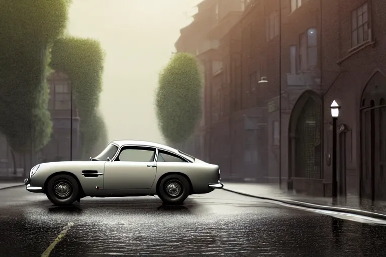 Image similar to a wholesome animation key shot of!! one!! focused!! aston martin db 5!!, in a wet london street, raining, wide shot, studio ghibli, pixar and disney animation, sharp, very detailed, high resolution, rendered in unreal engine 5, anime key art by greg rutkowski, bloom, atmospheric lighting