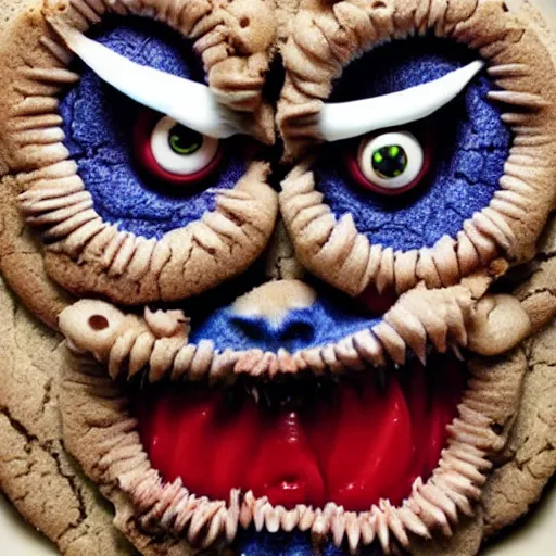 Image similar to demonic cookie monster, evil, portrait, scary, creepy. detailed. realistic.