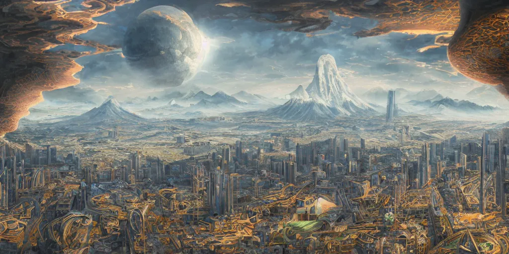 Prompt: a matte painting japanese print of a cityscape in the distance made of stunning double sided koroit patterned boulder opal and jade, vray tracing, 8k resolution, ultra-high definition, UHD, paint swirls and phyllotaxis, quantum wavetracing by Peter Mohrbacher and Wayne Barlowe, by michal karcz and greg rutkowski, metal, marble, and wood materials