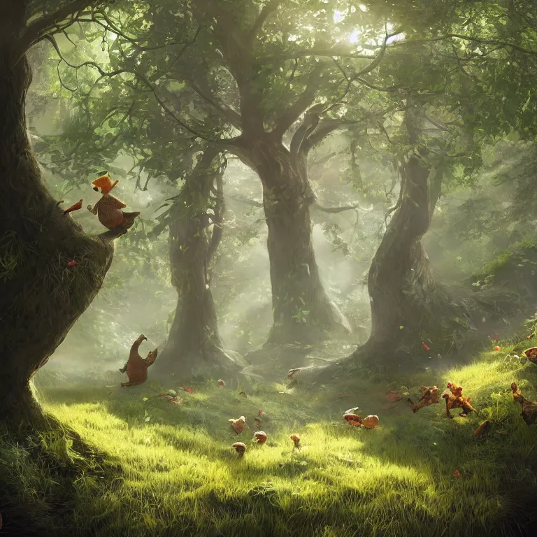 Prompt: tiny seeds float around a fairytale tree in a sunny forest glade, radiant morning light, trending on artstation