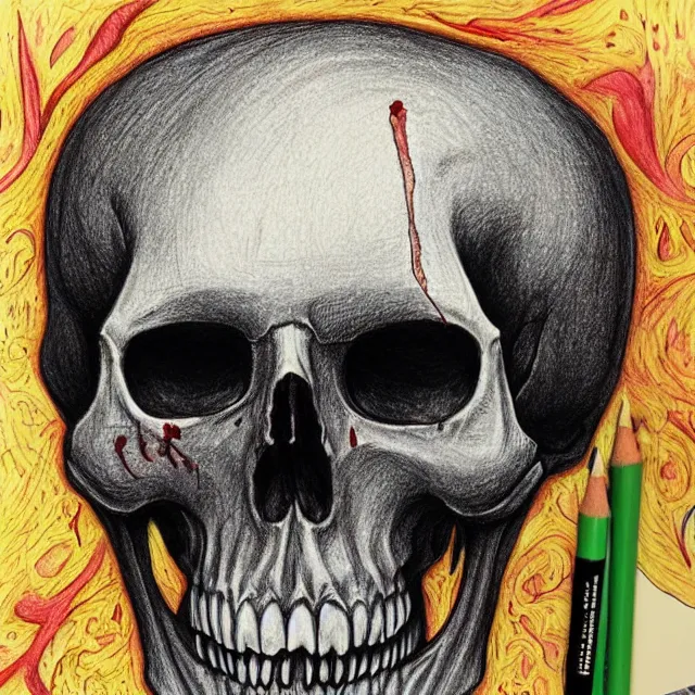 Prompt: bloody skull, anatomical illustration, colored pencils and pen