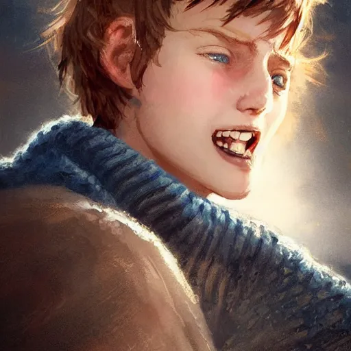 Image similar to portrait of a very masculine teenage girl with blue eyes and brown hair, short men's haircut, smiling, wearing an oversized sweater, dramatic lighting, illustration by Greg rutkowski, yoji shinkawa, 4k, digital art, concept art, trending on artstation