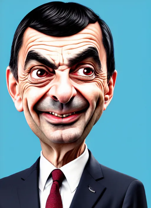 Prompt: highly detailed caricature portrait of mr bean by ross tran, by greg rutkowski, brush strokes, 4 k resolution, light blue pastel background