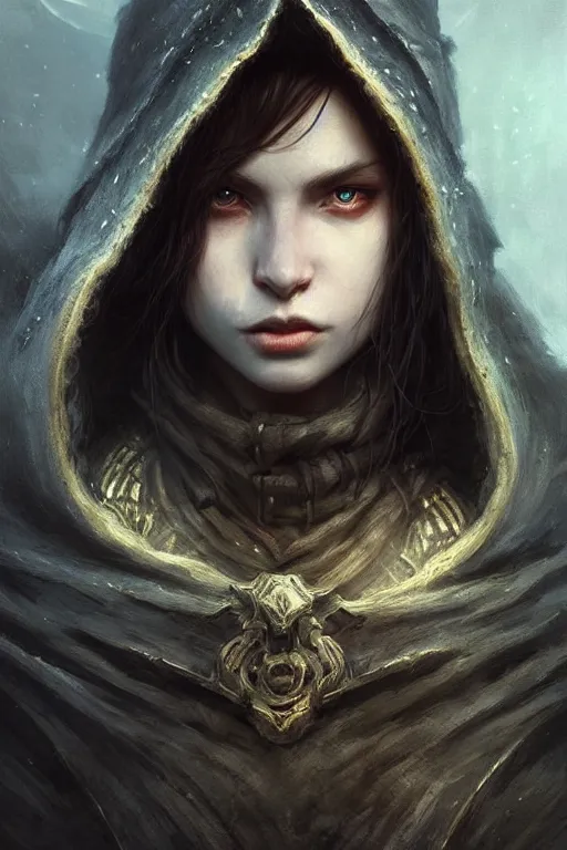 Image similar to Front portrait of hooded mage, full body, fine art, awesome fantasy book cover on Pinterest, award winning, dark fantasy landscape, fantasy magic, intricate, elegant, sharp focus, cinematic lighting, highly detailed, digital painting, concept art, art by WLOP and Artgerm and Greg Rutkowski, masterpiece, trending on artstation, 8K