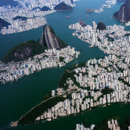 Image similar to aerial photo of rio de janeiro with a flood of 6 0 meters high, realistic, 4 k