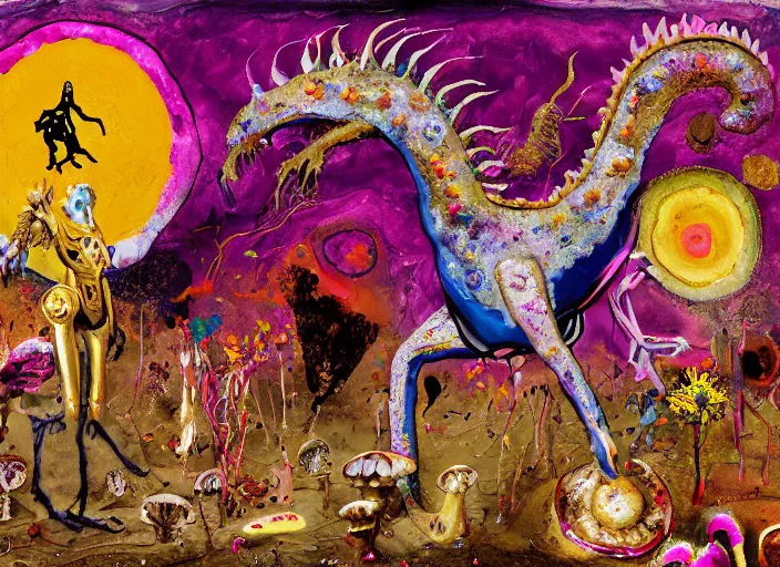 Image similar to expressionistic decollage painting golden armor alien zombie horseman riding on a crystal bone dragon broken rainbow diamond maggot horse in a blossoming meadow full of colorful mushrooms and golden foil toad blobs in a golden sunset, distant forest horizon, painted by Mark Rothko, Helen Frankenthaler, Danny Fox and Hilma af Klint, graffiti buff, pixel, glitch, semiabstract, color field painting, byzantine art, microsoft paint art, pop art look, naive, outsider art, very coherent symmetrical artwork. Bekinski painting, part by Philip Guston and Adrian Ghenie, art by George Condo, 8k, extreme detail, intricate detail, masterpiece