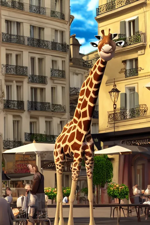 Image similar to a giraffe with big eyes looking for a cup of coffee in beautiful morning café in Paris. Pixar Disney 4K 3d render funny animation movie Oscar winning trending on ArtStation and Behance. Ratatouille style.