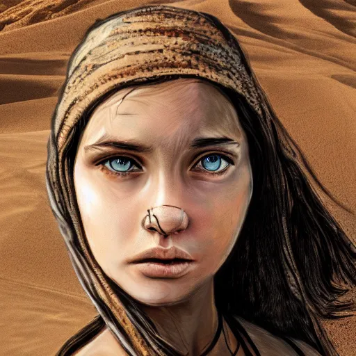 Image similar to a detailed portrait of a girl in the desert, art illustration, incredibly highly detailed and realistic, 8 k, sharp focus