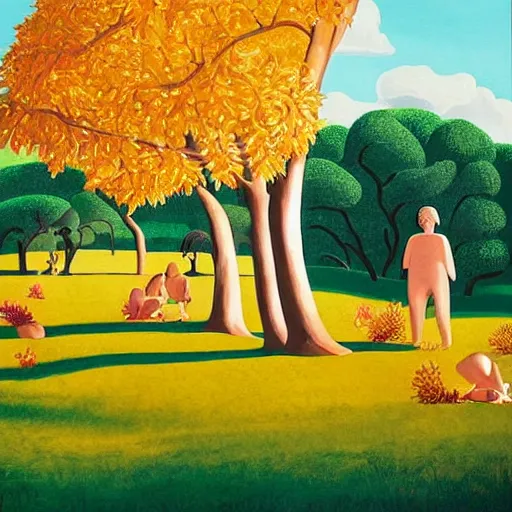 Prompt: Print, the warm, golden light of the sun casts a beautiful glow on the scene, and the gentle breeze ruffles the leaves of the trees. The figures in the print are engaged in a simple activity, the way they are positioned and the expressions on their faces suggest a deep connection. Peace and contentment, idyllic setting. by Debbie Criswell sinister