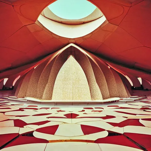 Image similar to interior of a futuristic lotus temple with gold, red and white marble panels, in the desert, by buckminster fuller and syd mead, intricate contemporary architecture, photo journalism, photography, cinematic, national geographic photoshoot