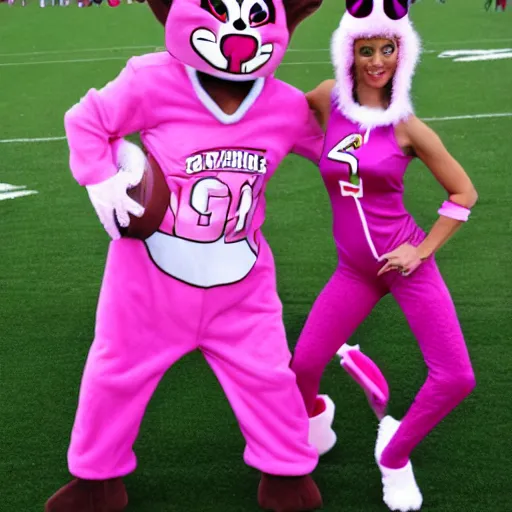 Prompt: sports team mascot, pink panther mascot costume, seals, the pink panthers, football mascot, anthropomorphic pink panther or cougar HD official photo, high quality costume, detailed fur, detailed material, NFL