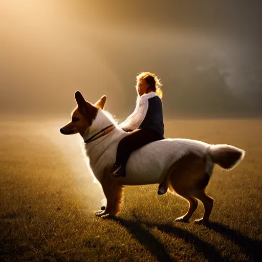 Image similar to Corgi riding a horse, natural lighting, realistic, sunbeams, golden hour, misty atmospherics