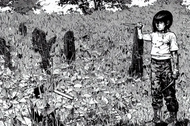 Image similar to abandoned overgrown graveyard, a child standing holding a knife, very coherent, intricate design, painting by Laurie Greasley, part by Yoji Shinkawa, part by Norman Rockwell