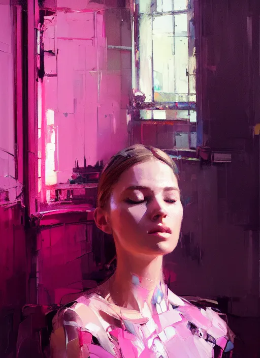 Prompt: indoor portrait of a beautiful girl, eyes closed, shades of pink, beautiful face, rule of thirds, intricate outfit, spotlight, by greg rutkowski, by jeremy mann, by francoise nielly, digital painting