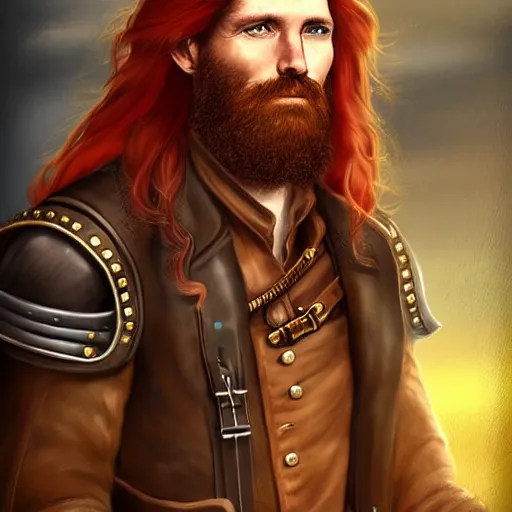 Image similar to portrait of a rugged!!!! male captain with long red hair!!!!!!, upper body, flowing hair, ethereal, handsome, leather coat, Steampunk airship!!!!!!!, D&D, fantasy, simple clothing!!!!, elegant, highly detailed, digital painting, deviantart, artstation, concept art, sharp focus, illustration, art by Artgerm and Greg Rutkowski and Alphonse Mucha