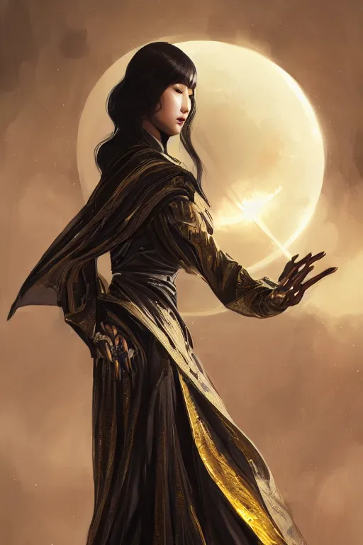 Image similar to Photorealistic illustration of Korean fashion model in Star Wars sith black and gold robes, sci-fi, futuristic, intricate, elegant, highly detailed, digital painting, artstation, concept art, smooth, sharp focus, art by artgerm, greg rutkowski