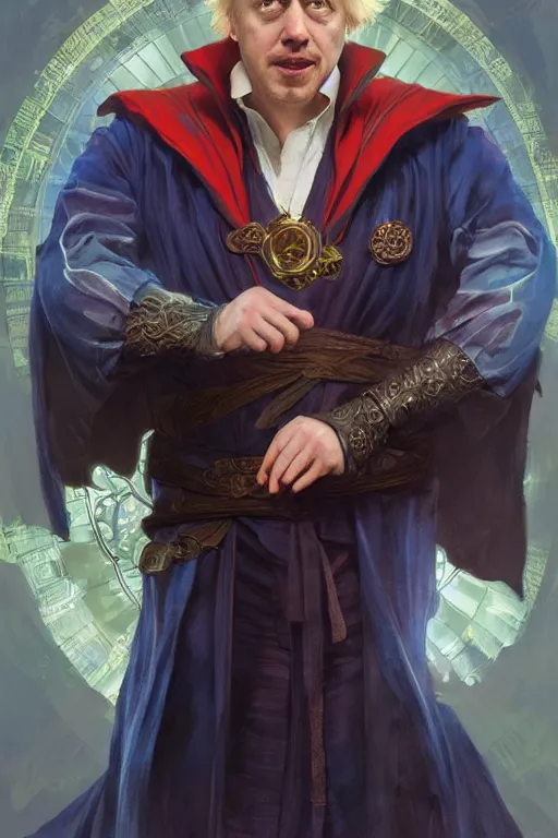 Image similar to Boris Johnson as Dr. Strange, highly detailed character in digital fantasy, painted portrait, artstation, concept art, hard focus, illustrations, works by Artgerm and Greg Rutkowski, Alphonse Mucha and Craig Mullins, James Gene, Andrey Ryabovichev, Mark Simonetti and Peter Morbacher, 16 thousand