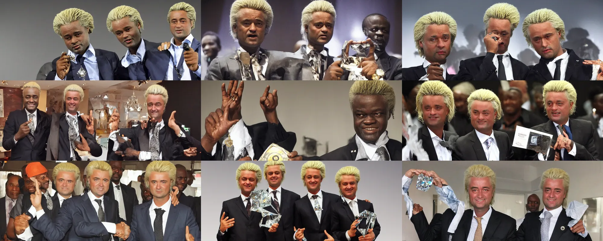 Prompt: african geert wilders holding up diamond