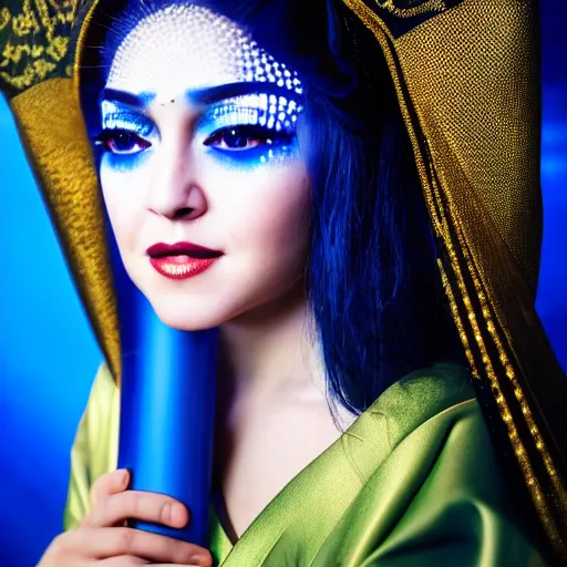 Prompt: portrait of a madonna as a geisha dressed in metallic blue clothes, futuristic makeup in a studio with green lights behind, award winning photography