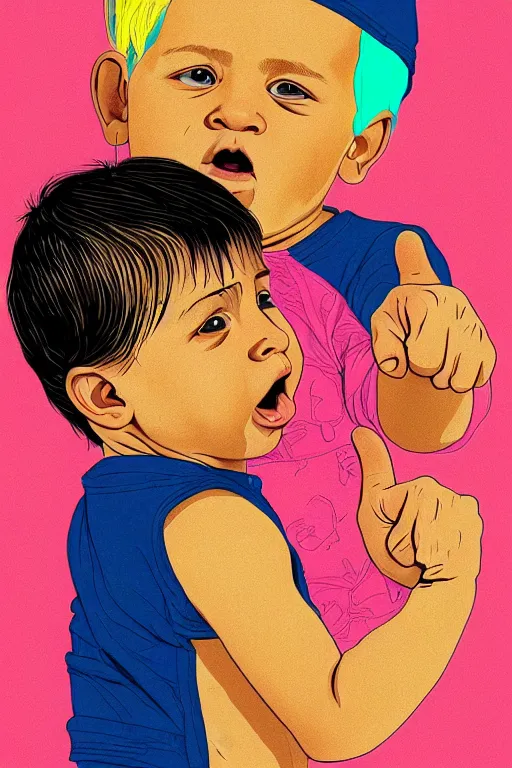 Image similar to a beautifully detailed coloured illustration of the baby boy swearing by sticking two fingers up by andrew salgado and rogier willems