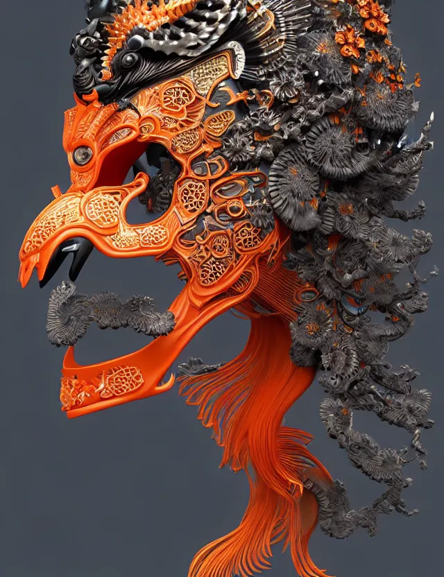 Image similar to 3 d goddess close - up profile portrait biomechanics with ram skull. beautiful intricately detailed japanese crow kitsune mask and clasical japanese kimono. betta fish, jellyfish phoenix, bio luminescent, plasma, ice, water, wind, creature, artwork by tooth wu and wlop and beeple and greg rutkowski. gold black teal and orange color scheme