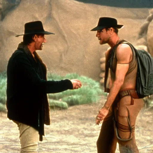 Prompt: film still of Roger Daltry talking with Indiana Jones.