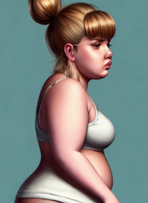 Image similar to full body portrait, teenage betty cooper, blonde hair, obese, bangs, ponytail, sultry, realistic, sultry smirk, fluffy bangs, curly bangs, fat, belly, beautiful girl, intricate, elegant, highly detailed, digital painting, artstation, concept art, smooth, sharp focus, illustration, art by wlop, mars ravelo and greg rutkowski