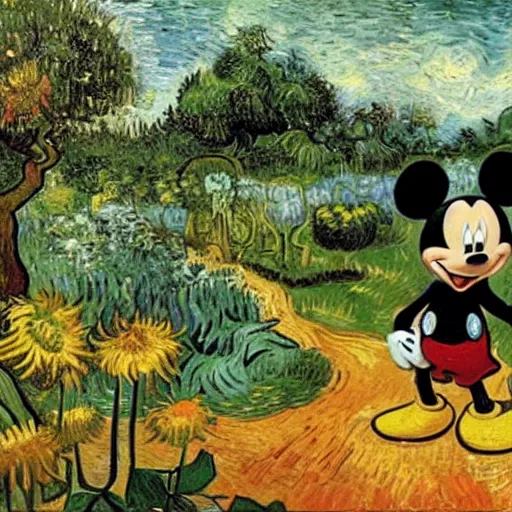 Image similar to mickey mouse entering the garden of eden, oil painting by van gogh, masterpiece