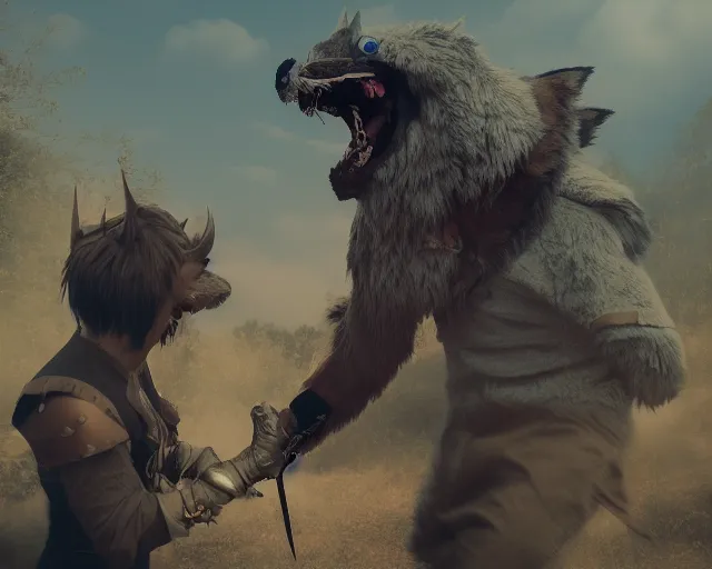 Image similar to gerald of rivia fighting with fursuit cosplayers, cinematic, concept art, wlop, beeple, highly detailed, face, hands, unreal engine, octane render